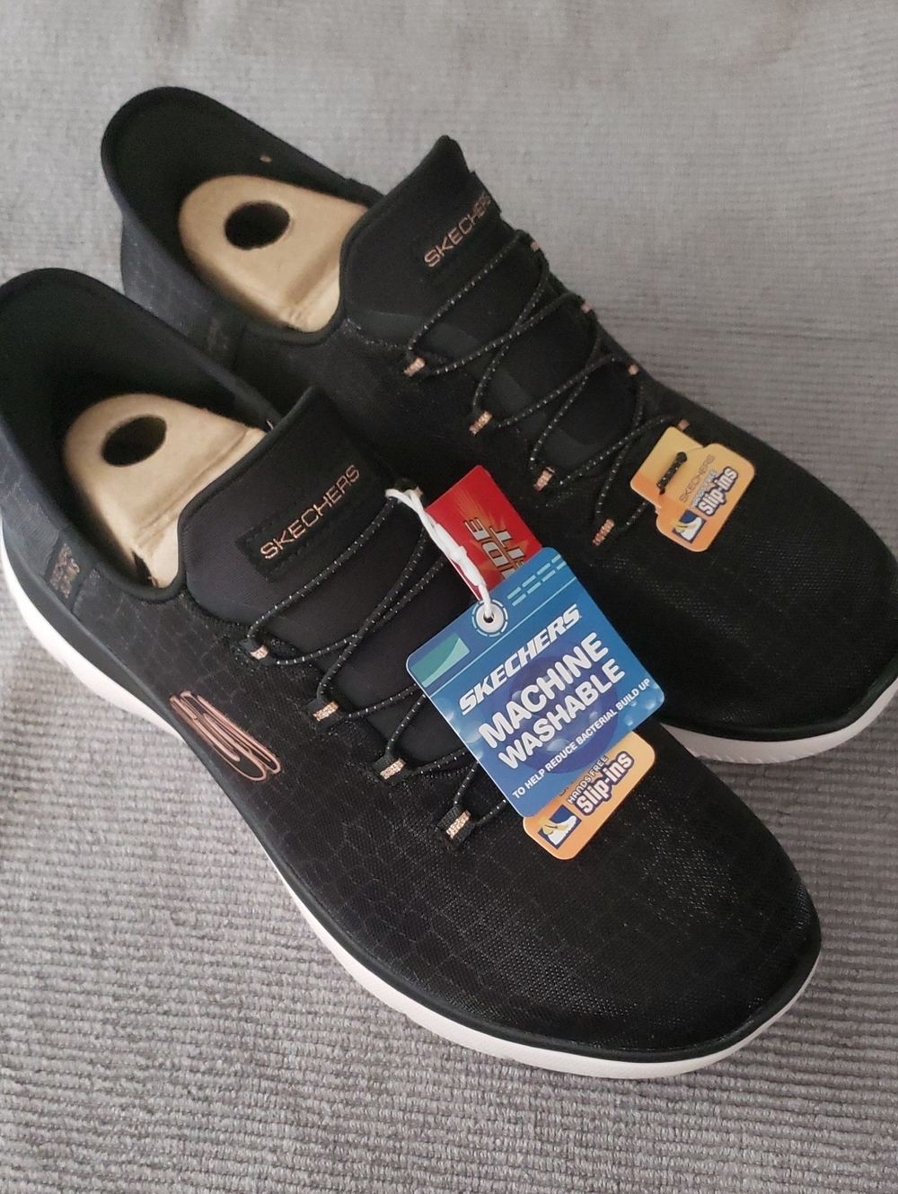 9.5 Wide Skechers Women's Black Athletic Slip-On Sneakers with Rose Gold Accents